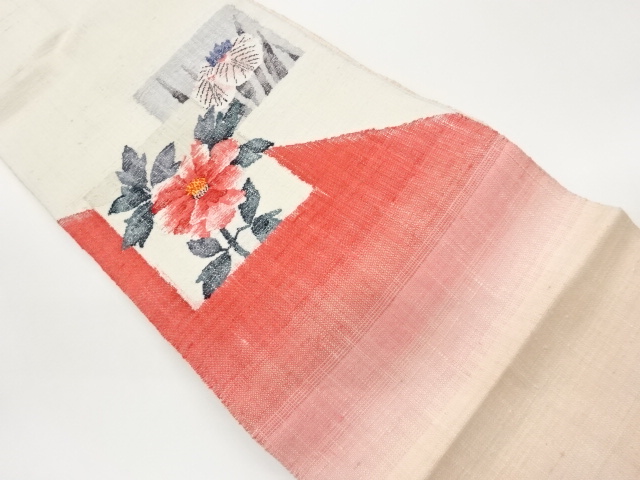 手織り真綿紬四角に花々・曲線模様織出し名古屋帯